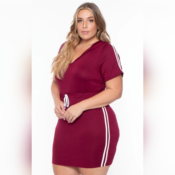 NEW NWOT CurvySense Sporty Varsity Stripe Hoodie Dress Burgundy Size 4XL - Picture 2 of 7